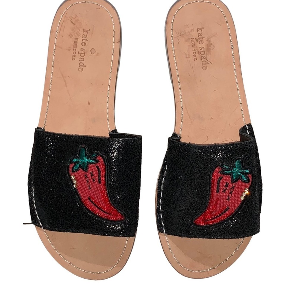 Kate Spade - Ixtapa Chili Pepper Slides, black w/embroidered chili peppers, 7.5